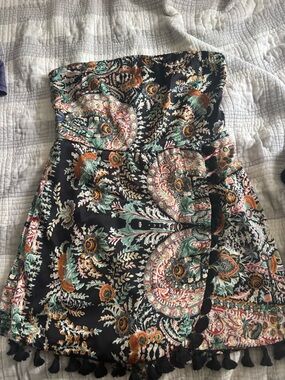 Lulu's Black Strapless Paisley Mini Dress with Tassel Trim